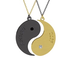 Siyah zirkon ve beyaz zirkon 925 ayar siyah rodyum kaplama gümüş kolye (40 cm altın rolo zincir)