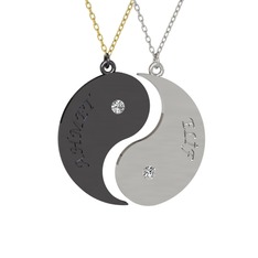 İsimli Yin Yang - Beyaz zirkon 925 ayar siyah rodyum kaplama gümüş kolye (40 cm altın rolo zincir) #djuzkh