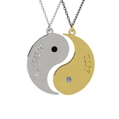 İsimli Yin Yang - Siyah zirkon ve pırlanta 14 ayar beyaz altın kolye (0.06 karat, 40 cm gümüş rolo zincir) #drokff