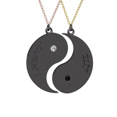 İsimli Yin Yang - Beyaz zirkon ve siyah zirkon 925 ayar siyah rodyum kaplama gümüş kolye (40 cm rose altın rolo zincir) #f072xr