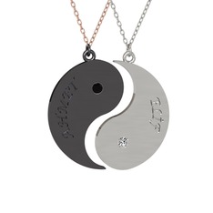İsimli Yin Yang - Siyah zirkon ve beyaz zirkon 925 ayar siyah rodyum kaplama gümüş kolye (40 cm rose altın rolo zincir) #gr3cpt