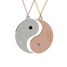Siyah zirkon ve pırlanta 14 ayar beyaz altın kolye (0.06 karat, 40 cm rose altın rolo zincir)