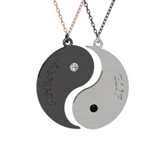 İsimli Yin Yang - Beyaz zirkon ve siyah zirkon 925 ayar siyah rodyum kaplama gümüş kolye (40 cm gümüş rolo zincir) #k817ez