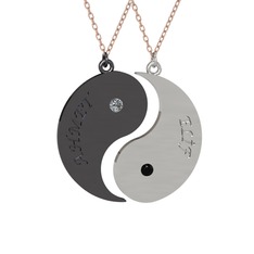 İsimli Yin Yang - Pırlanta ve siyah zirkon 925 ayar siyah rodyum kaplama gümüş kolye (0.06 karat, 40 cm rose altın rolo zincir) #mku48b