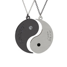 İsimli Yin Yang - Pırlanta ve siyah zirkon 925 ayar siyah rodyum kaplama gümüş kolye (0.06 karat, 40 cm beyaz altın rolo zincir) #pwprhs