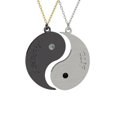 İsimli Yin Yang - Pırlanta ve siyah zirkon 925 ayar siyah rodyum kaplama gümüş kolye (0.06 karat, 40 cm altın rolo zincir) #rzkkke