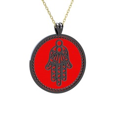 Mineli Hamsa Kolye - 925 ayar siyah rodyum kaplama gümüş kolye (Kırmızı mineli, 40 cm altın rolo zincir) #11btqtt