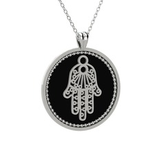 Mineli Hamsa Kolye - 8 ayar beyaz altın kolye (Siyah mineli, 40 cm beyaz altın rolo zincir) #11p7y97