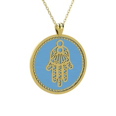 Mineli Hamsa Kolye - 18 ayar altın kolye (Pastel mavi mineli, 40 cm altın rolo zincir) #11qz16y