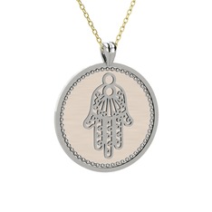 Mineli Hamsa Kolye - 18 ayar beyaz altın kolye (Ekru mineli, 40 cm altın rolo zincir) #11slo2i