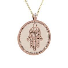 Mineli Hamsa Kolye - 14 ayar rose altın kolye (Ekru mineli, 40 cm altın rolo zincir) #12o2l28