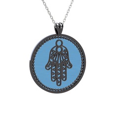 Mineli Hamsa Kolye - 925 ayar siyah rodyum kaplama gümüş kolye (Pastel mavi mineli, 40 cm gümüş rolo zincir) #15jck1a