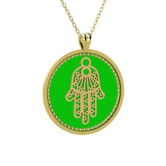 Mineli Hamsa Kolye - 18 ayar altın kolye (Yeşil mineli, 40 cm altın rolo zincir) #16jqhxp