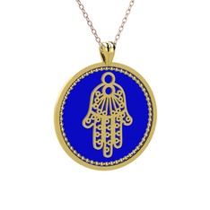 Mineli Hamsa Kolye - 14 ayar altın kolye (Lacivert mineli, 40 cm rose altın rolo zincir) #17yu165