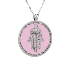 Mineli Hamsa Kolye - 18 ayar beyaz altın kolye (Pastel pembe mineli, 40 cm beyaz altın rolo zincir) #1f9wiiw