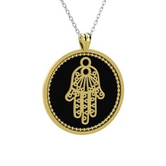 Mineli Hamsa Kolye - 18 ayar altın kolye (Siyah mineli, 40 cm gümüş rolo zincir) #1ji2sek