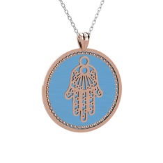 Mineli Hamsa Kolye - 14 ayar rose altın kolye (Pastel mavi mineli, 40 cm gümüş rolo zincir) #1m6dofl