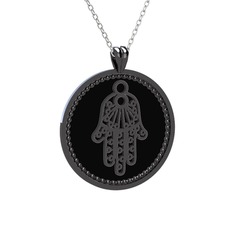 Mineli Hamsa Kolye - 925 ayar siyah rodyum kaplama gümüş kolye (Siyah mineli, 40 cm gümüş rolo zincir) #1qi6pgz