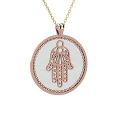 Mineli Hamsa Kolye - 18 ayar rose altın kolye (Beyaz mineli, 40 cm altın rolo zincir) #1qj0cws
