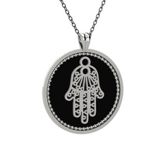 Mineli Hamsa Kolye - 18 ayar beyaz altın kolye (Siyah mineli, 40 cm gümüş rolo zincir) #1s4psbg