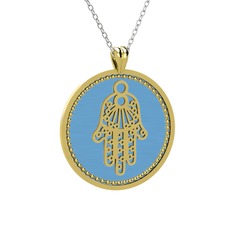 Mineli Hamsa Kolye - 14 ayar altın kolye (Pastel mavi mineli, 40 cm gümüş rolo zincir) #1sxqhho