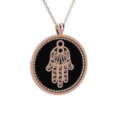 Mineli Hamsa Kolye - 14 ayar rose altın kolye (Siyah mineli, 40 cm gümüş rolo zincir) #1t069br