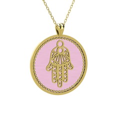 Mineli Hamsa Kolye - 18 ayar altın kolye (Pastel pembe mineli, 40 cm altın rolo zincir) #1u0qo20