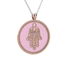 Mineli Hamsa Kolye - 14 ayar rose altın kolye (Pastel pembe mineli, 40 cm beyaz altın rolo zincir) #1ykc9w6