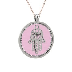 Mineli Hamsa Kolye - 8 ayar beyaz altın kolye (Pastel pembe mineli, 40 cm rose altın rolo zincir) #421kae