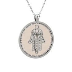 Mineli Hamsa Kolye - 14 ayar beyaz altın kolye (Ekru mineli, 40 cm beyaz altın rolo zincir) #4yxdlz
