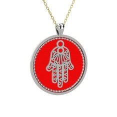 Mineli Hamsa Kolye - 8 ayar beyaz altın kolye (Kırmızı mineli, 40 cm altın rolo zincir) #6d2nv0