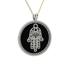 Mineli Hamsa Kolye - 8 ayar beyaz altın kolye (Siyah mineli, 40 cm altın rolo zincir) #7h2ijh