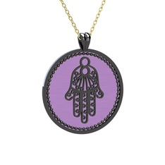 Mineli Hamsa Kolye - 925 ayar siyah rodyum kaplama gümüş kolye (Menekşe mineli, 40 cm altın rolo zincir) #d7j0dt