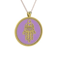 Mineli Hamsa Kolye - 18 ayar altın kolye (Menekşe mineli, 40 cm rose altın rolo zincir) #fd5gve