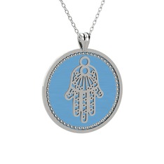 Mineli Hamsa Kolye - 14 ayar beyaz altın kolye (Pastel mavi mineli, 40 cm beyaz altın rolo zincir) #jgz409