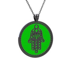 Mineli Hamsa Kolye - 925 ayar siyah rodyum kaplama gümüş kolye (Yeşil mineli, 40 cm gümüş rolo zincir) #mlw3j3
