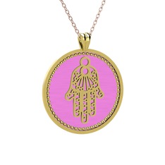Mineli Hamsa Kolye - 8 ayar altın kolye (Pembe mineli, 40 cm gümüş rolo zincir) #nvjf37