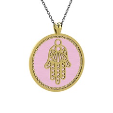 Mineli Hamsa Kolye - 8 ayar altın kolye (Pastel pembe mineli, 40 cm gümüş rolo zincir) #rqu8le