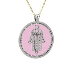 Mineli Hamsa Kolye - 14 ayar beyaz altın kolye (Pastel pembe mineli, 40 cm altın rolo zincir) #rzvo5t