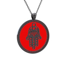 Mineli Hamsa Kolye - 925 ayar siyah rodyum kaplama gümüş kolye (Kırmızı mineli, 40 cm gümüş rolo zincir) #sttarg