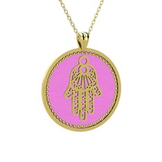 Mineli Hamsa Kolye - 925 ayar altın kaplama gümüş kolye (Pembe mineli, 40 cm altın rolo zincir) #wa8n4d