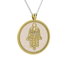 Mineli Hamsa Kolye - 8 ayar altın kolye (Ekru mineli, 40 cm beyaz altın rolo zincir) #x3vej1