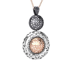 Adinkra Kolye - 925 ayar siyah rodyum kaplama gümüş kolye (40 cm rose altın rolo zincir) #2bwzum