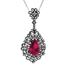 Dalila Kolye - Rodolit garnet ve pırlanta 925 ayar siyah rodyum kaplama gümüş kolye (0.52 karat, 40 cm beyaz altın rolo zincir) #101orbb