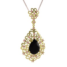Dalila Kolye - Siyah zirkon ve pembe kuvars 8 ayar altın kolye (40 cm gümüş rolo zincir) #10bb1al
