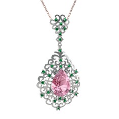Pembe kuvars ve yeşil kuvars 18 ayar beyaz altın kolye (40 cm rose altın rolo zincir)
