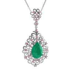 Dalila Kolye - Kök zümrüt ve pembe kuvars 8 ayar beyaz altın kolye (40 cm beyaz altın rolo zincir) #10yjjpi
