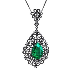 Dalila Kolye - Yeşil kuvars ve pırlanta 925 ayar siyah rodyum kaplama gümüş kolye (0.52 karat, 40 cm gümüş rolo zincir) #117lp39