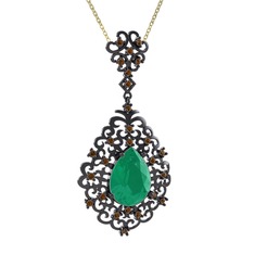 Kök zümrüt ve dumanlı kuvars 925 ayar siyah rodyum kaplama gümüş kolye (40 cm altın rolo zincir)