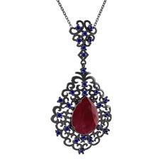 Dalila Kolye - Kök yakut ve lab safir 925 ayar siyah rodyum kaplama gümüş kolye (40 cm gümüş rolo zincir) #11lj26a